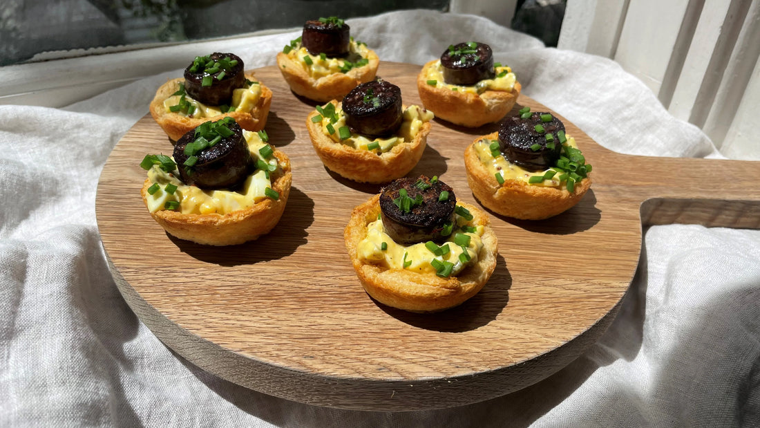 Black Pudding with Smashed Devilled Eggs Canapé