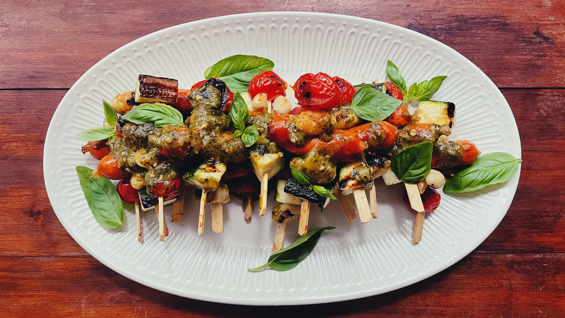 Cheese Kransky Gnocchi and Veg Skewers with Pesto