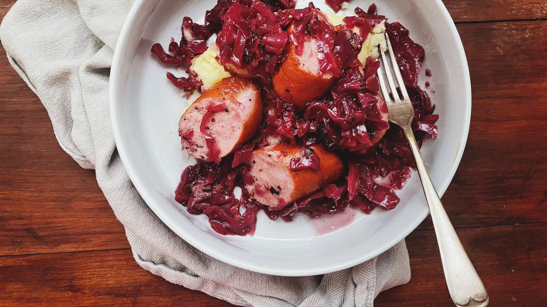 Knackwurst with Cider Braised Cabbage and Bacon