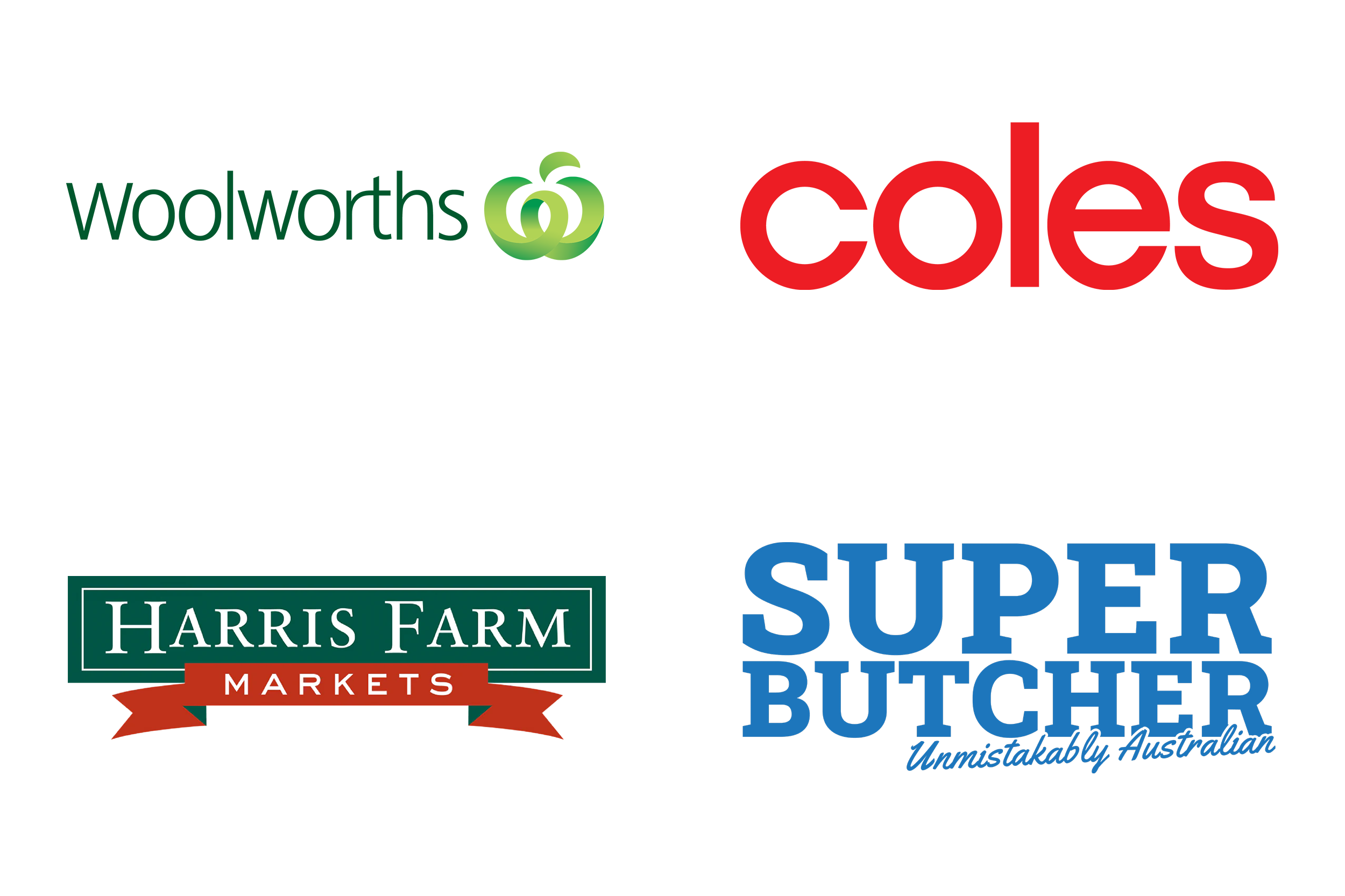Woolworths, Coles, Harris Farm and Super Butcher Logos