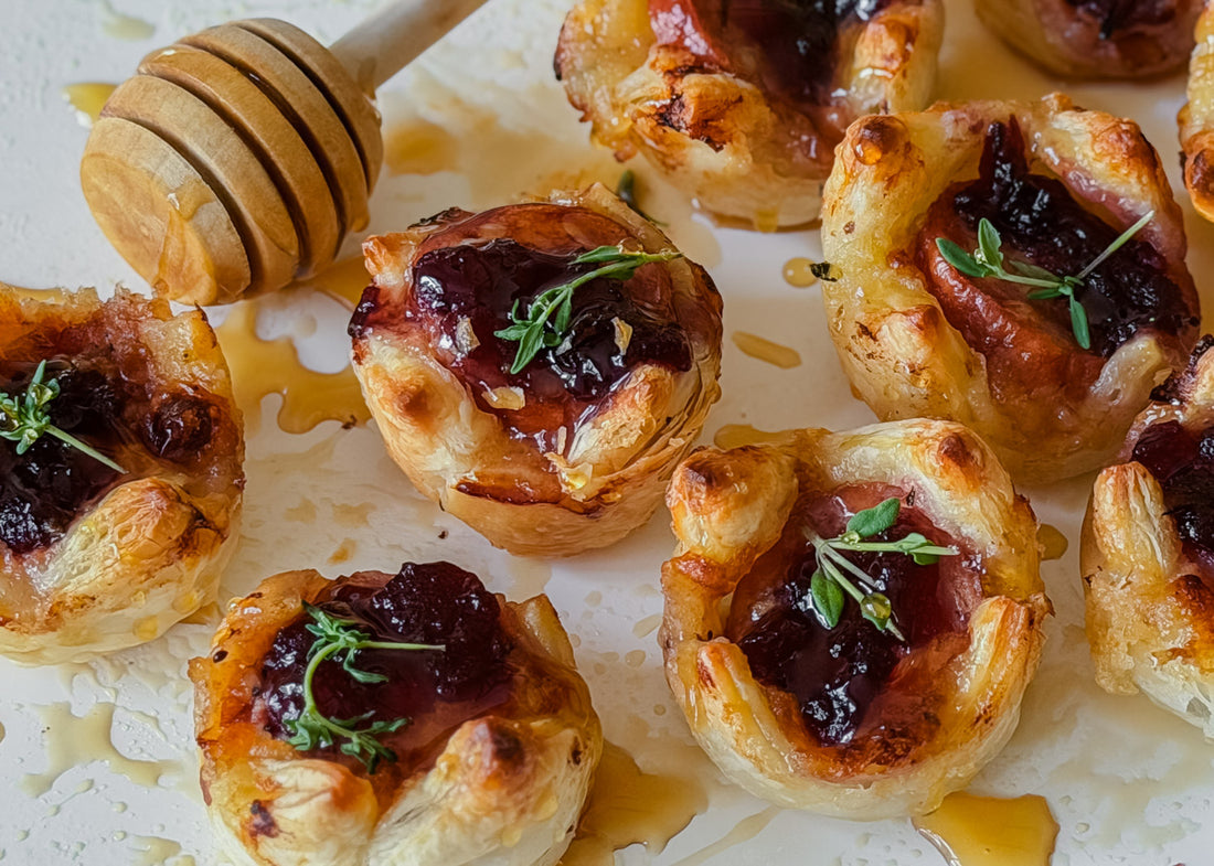 Smoked Kabana, Cranberry & Brie Pastry Bites with Hot Honey Drizzle by @justflavourco