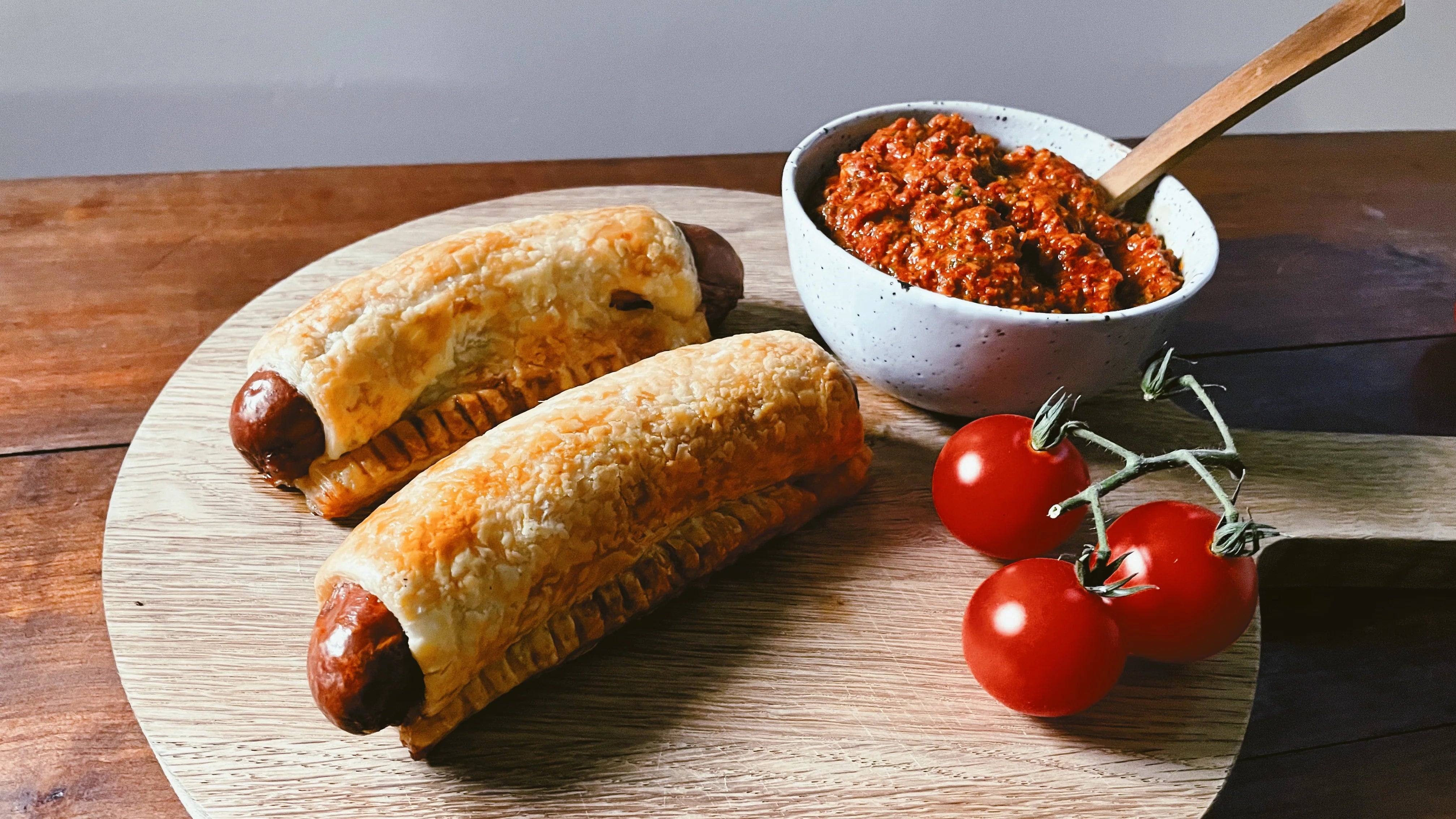 Spanish Chorizo Sausage Rolls with a Capsicum Dipping Sauce Gotzinger
