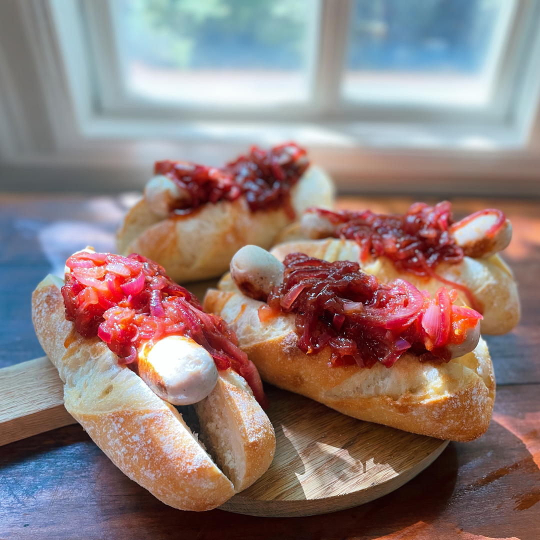 German Bratwurst Rolls with Chilli Jam Onions