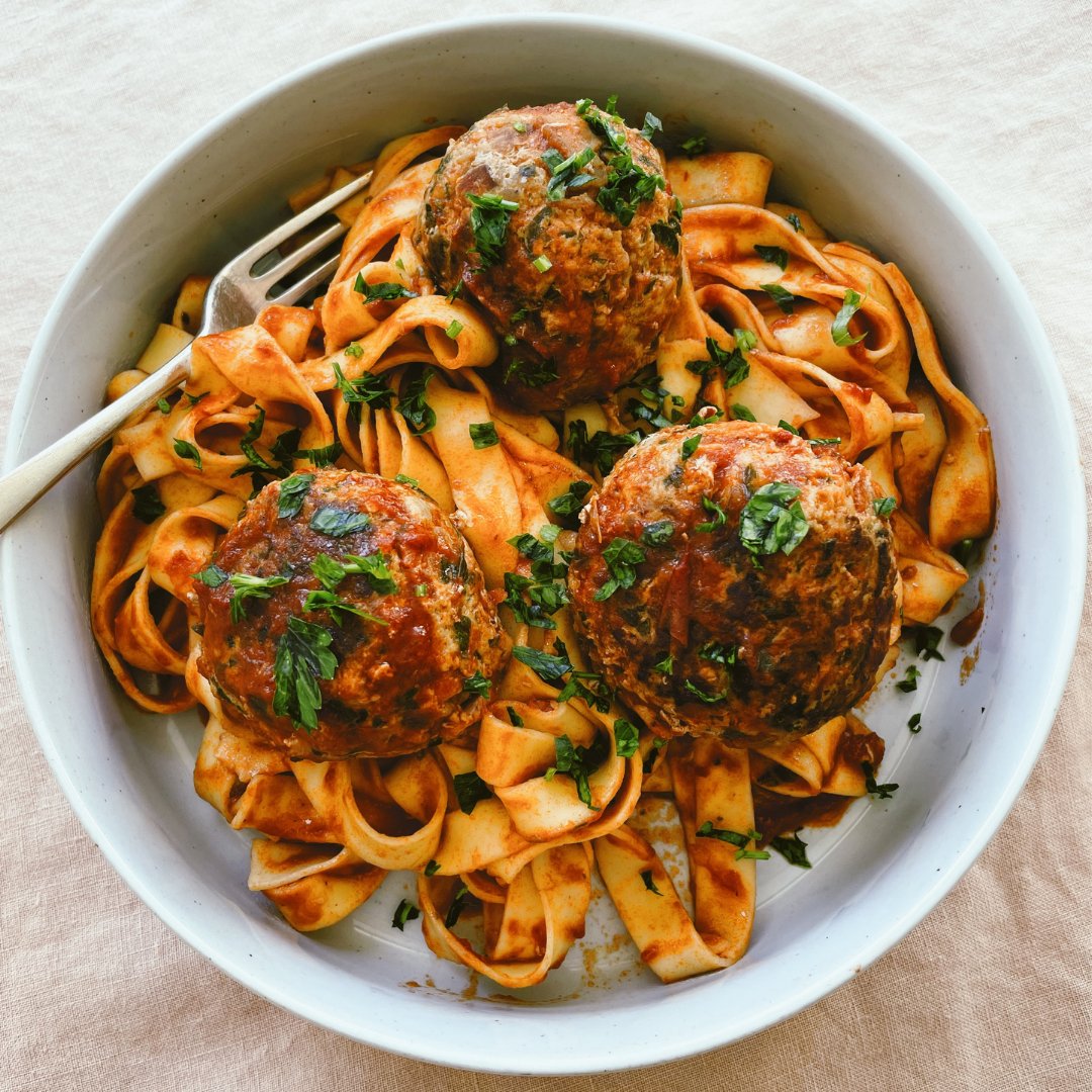 Bacon and Cheese Meatballs with Tomato Sugo