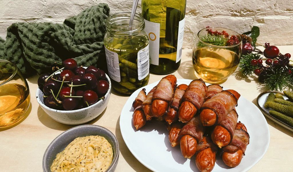 Cheese Kransky Pigs in Blankets with Three Mustard Dipping Sauce