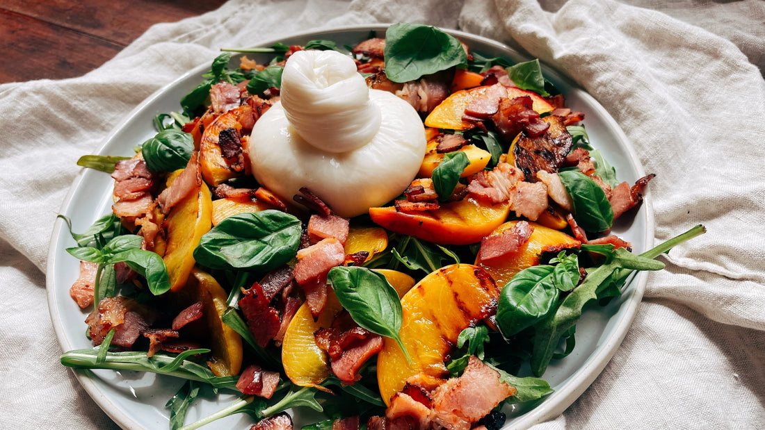 Bacon, Grilled Peach and Burrata Salad