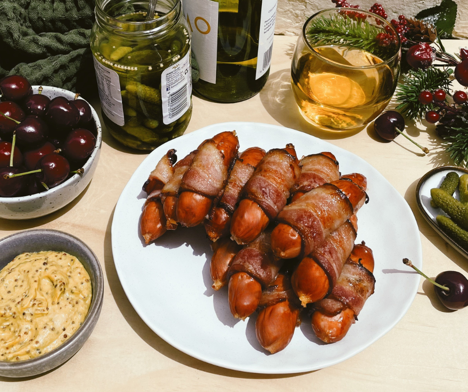 Cheese Kransky Pigs in Blankets with Three Mustard Dipping Sauce