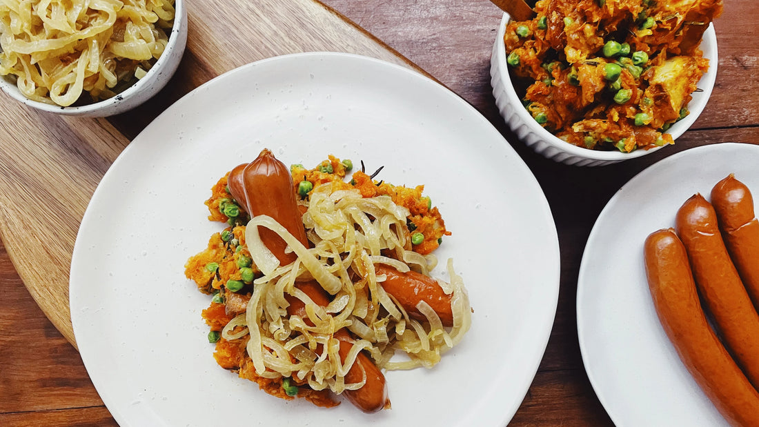 Continental Franks with Roast Veg Mash and Slow Cooked Onions