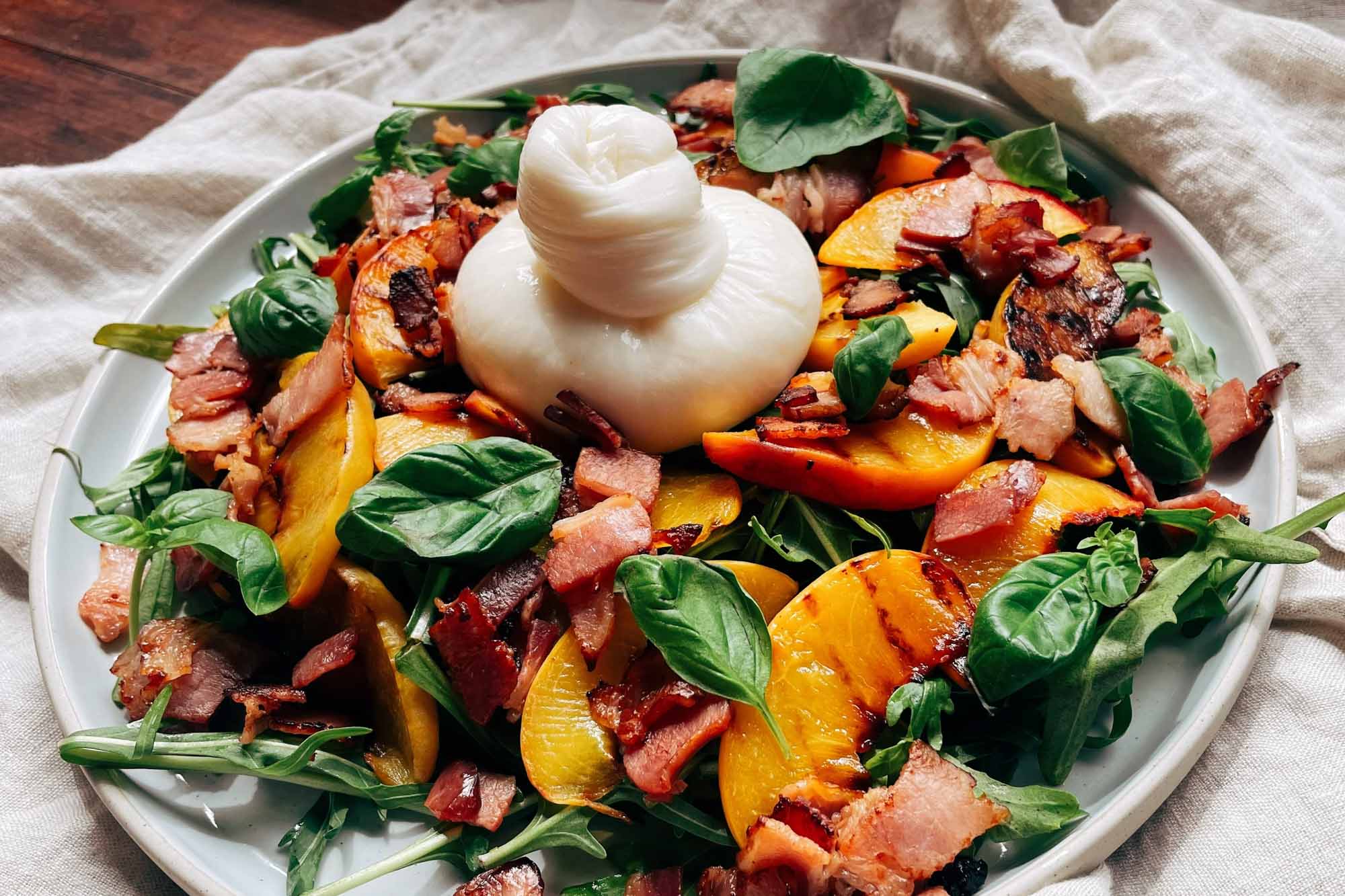 Gotzinger Smallgoods Bacon, Grilled Peach and Burrata Salad
