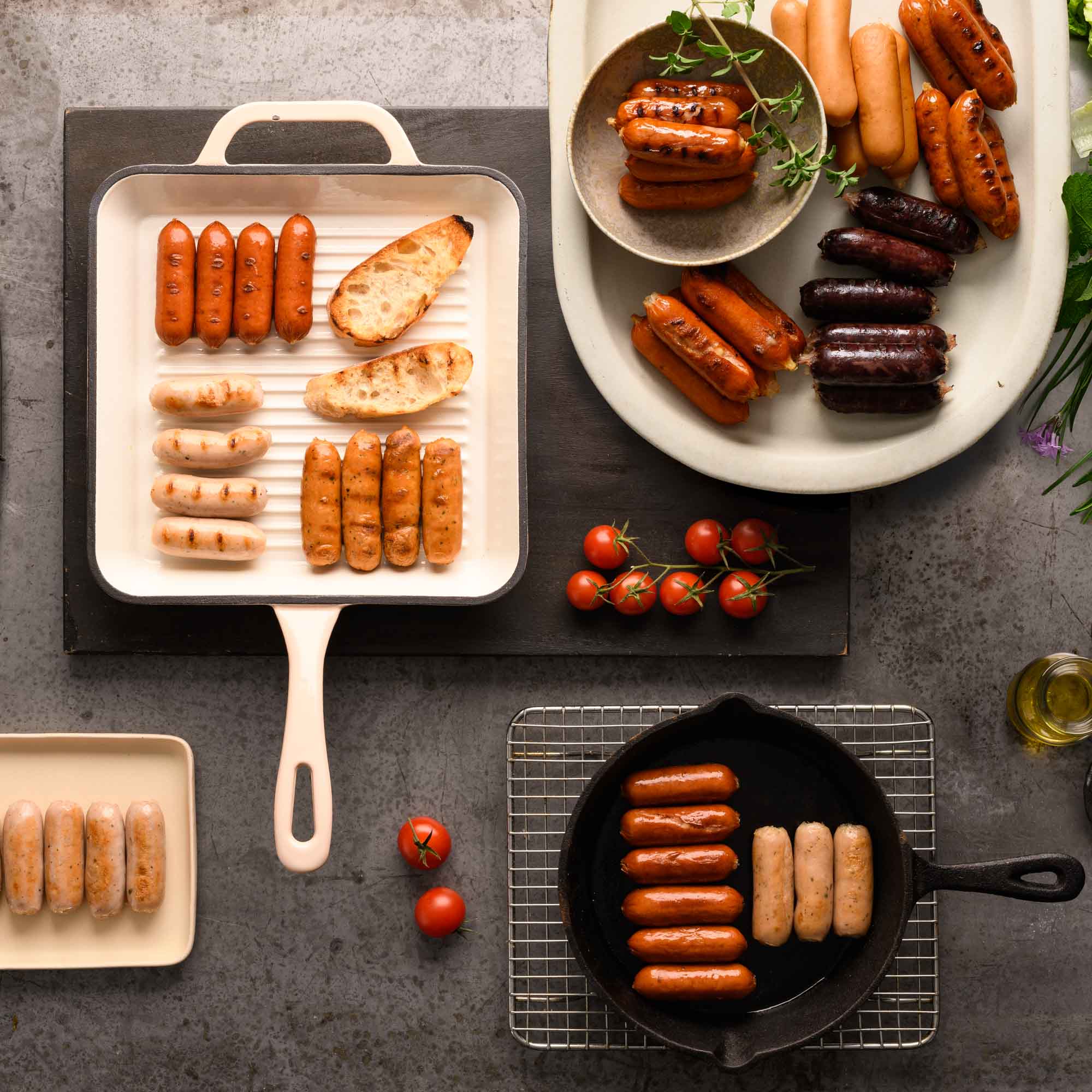 Gotzinger Smallgoods Chipolata Sausages in Pan with Breakfast Ingredients