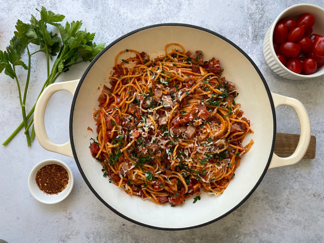 Spaghetti Amatriciana with American Rindless Bacon