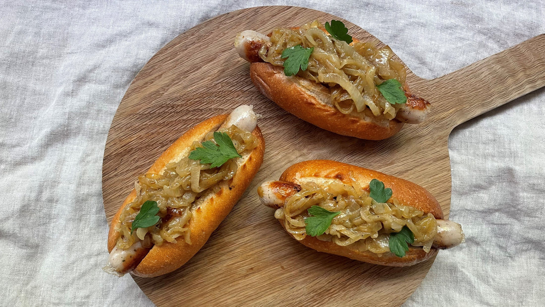 Mini Chipolata Hotdogs with Apple Cider Onions