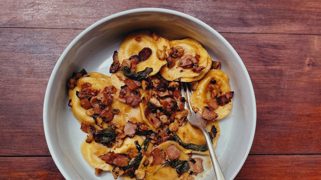 Pumpkin Ravioli with Bacon and Walnut Sauce