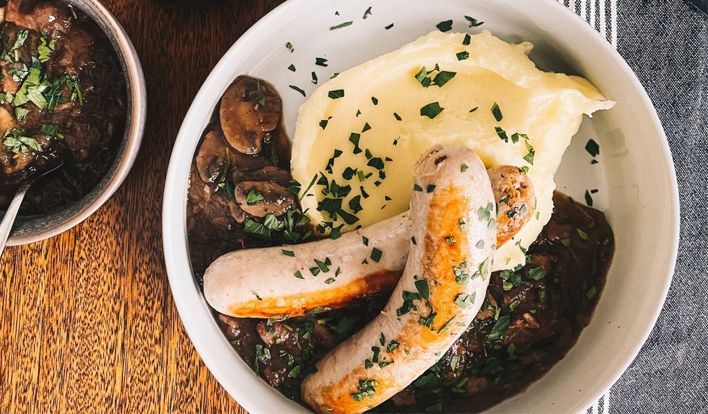 German Bratwurst with a Rich Wintery Sauce and Mash
