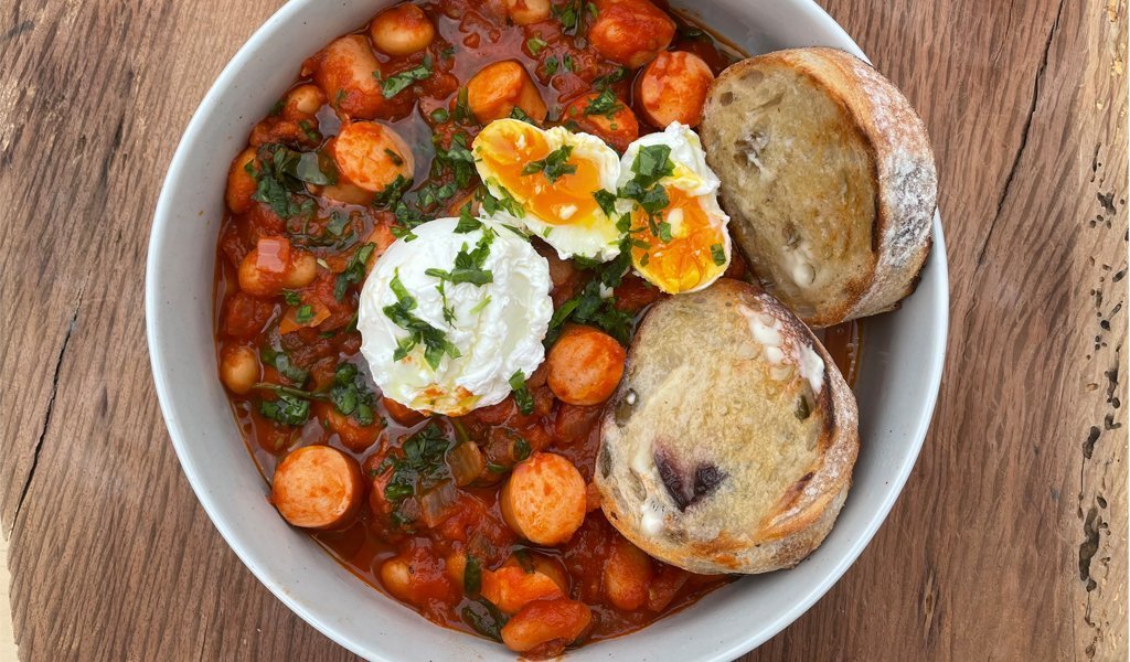 Rustic Tomatoey Beans with Franks and Poached Eggs
