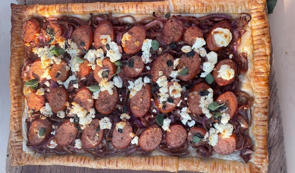 Spanish Chorizo Tart with Caramelized Onions and Goats Cheese