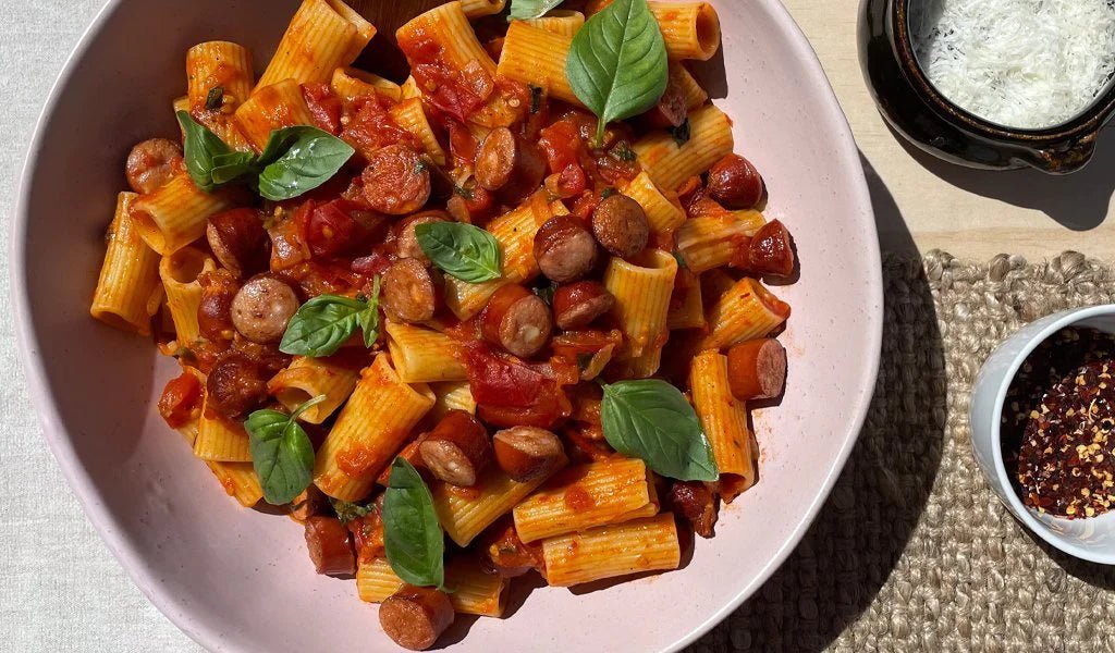 Spicy Tomato Rigatoni with Cheese Kransky Chipolatas